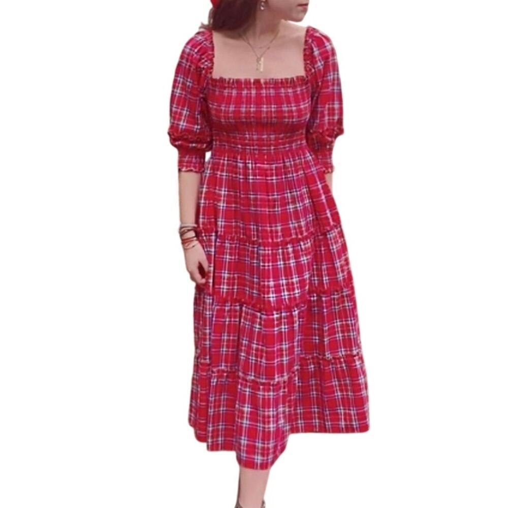 Hill House Home Nesli Tartan Plaid Nap Dress Red Cotton Smocked Midi Size XS